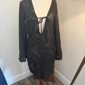 Black sheer long sleeve swimsuit cover with tie front #swim